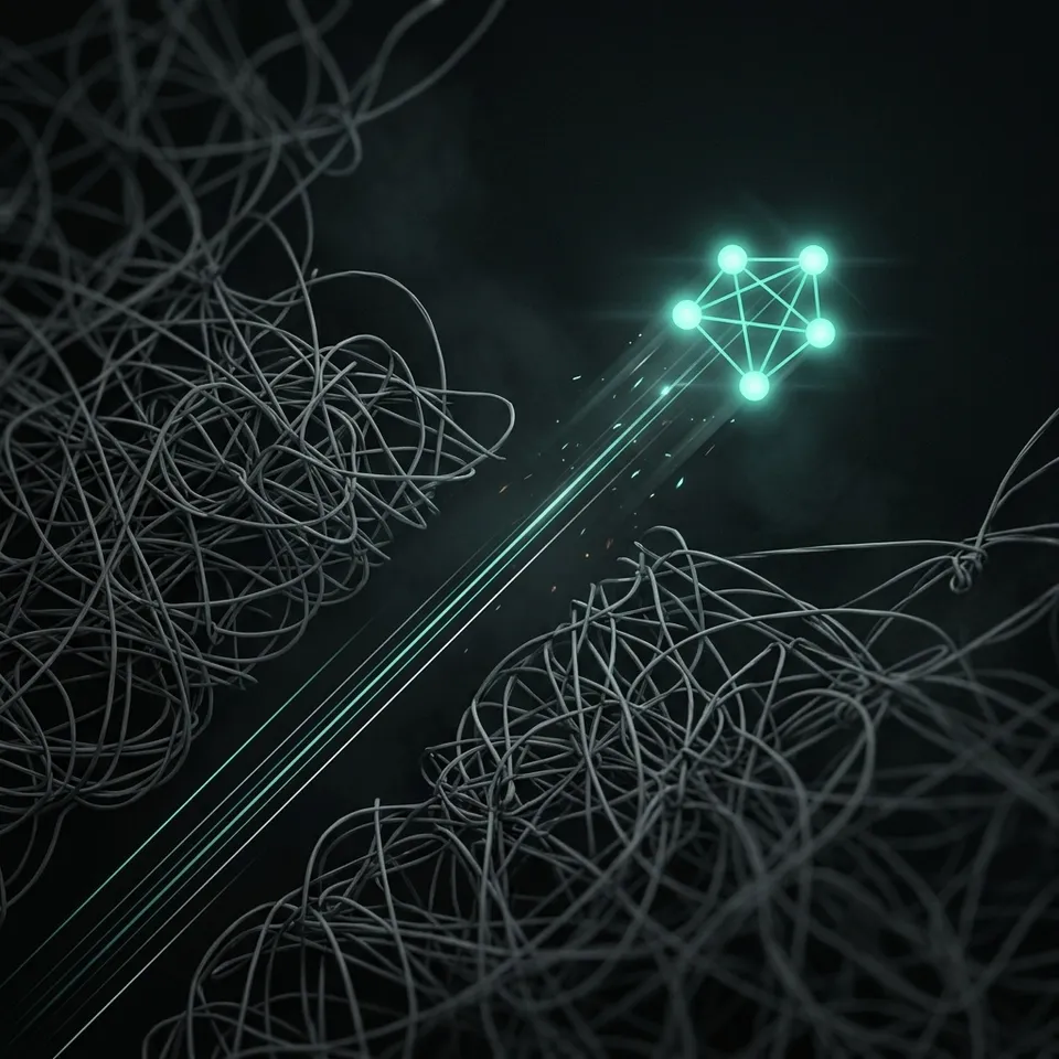 Concept art of a glowing network of connected nodes streaking ahead through a tangle of dark cables, representing speed, flexibility, leadership and teamwork